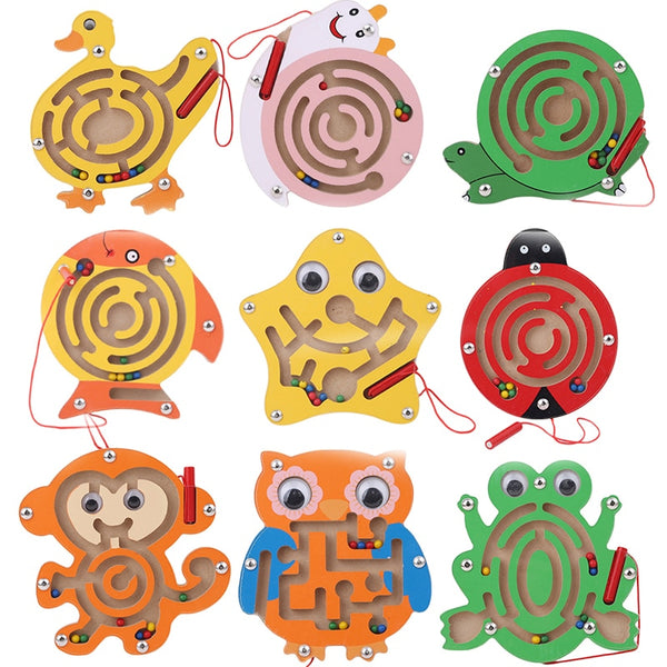 Wooden Magnetic Track Maze Toy Cute Animal Cartoon Toy Brain Teaser Intellectual Jigsaw Board Kids Early Educational Puzzle Game